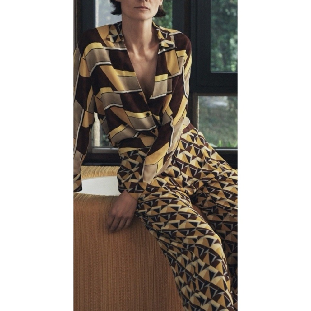 Zara Printed Viscose Pants Sz L Yellow/BROWN PANTS ONLY!!(10-b51)